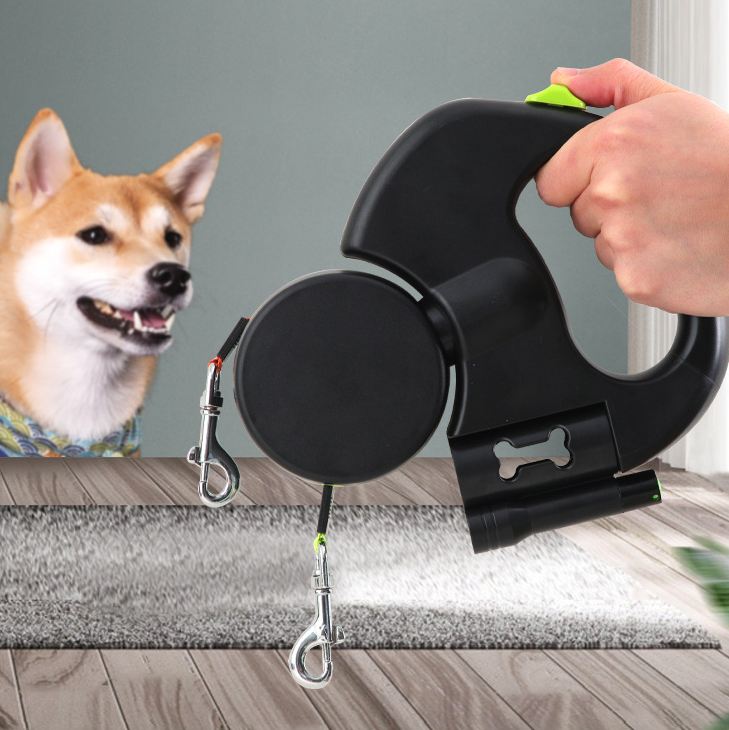 Retractable Dual Dog Leash with Reflective Feature and Flashlight